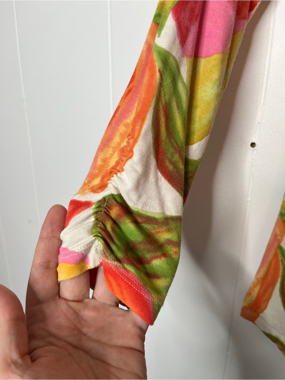 CAbi Vibrant Floral Wrap-Front Long Sleeve Tunic in Orange, Pink & Green Size M - Picture 5 of 6